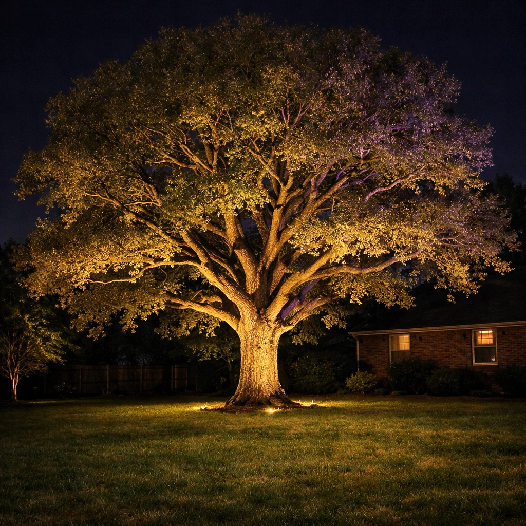 Professional tree uplighting in a Lexington KY backyard creates a natural moonlit canopy effect at night.