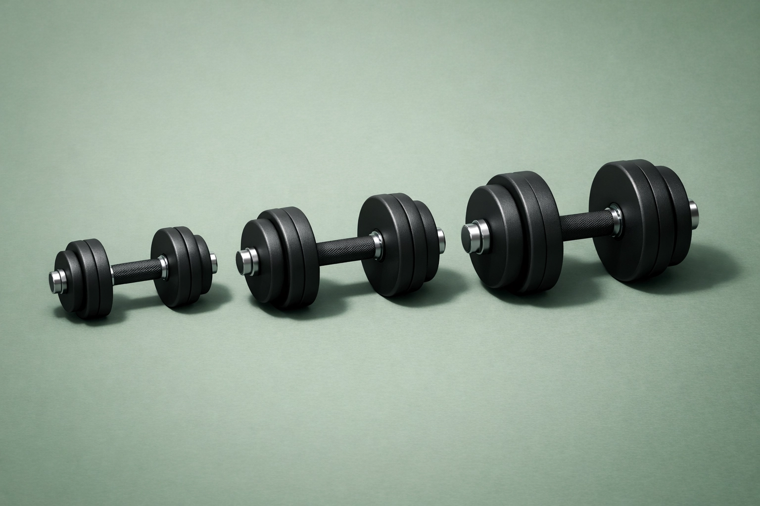 Three dumbbells in ascending sizes showing gradual progression and the 10% rule principle