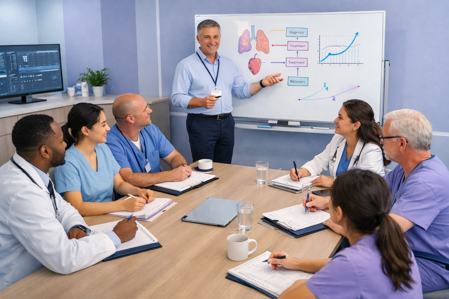 Healthcare compliance consultant training medical staff at team meeting