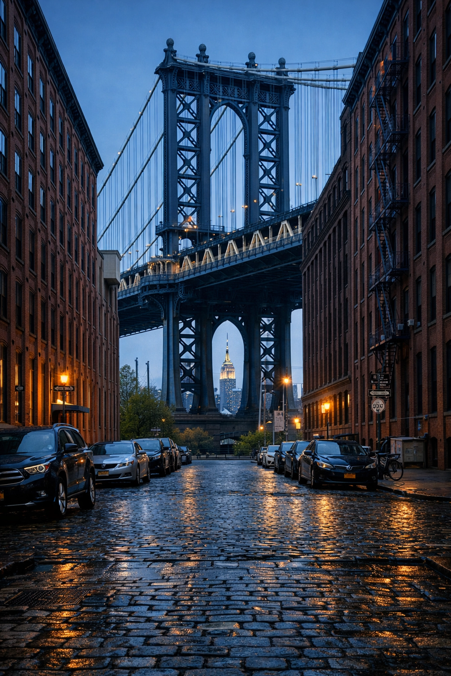 The Manhattan Bridge from Washington Street, a famous NYC photo spot in DUMBO, Brooklyn.