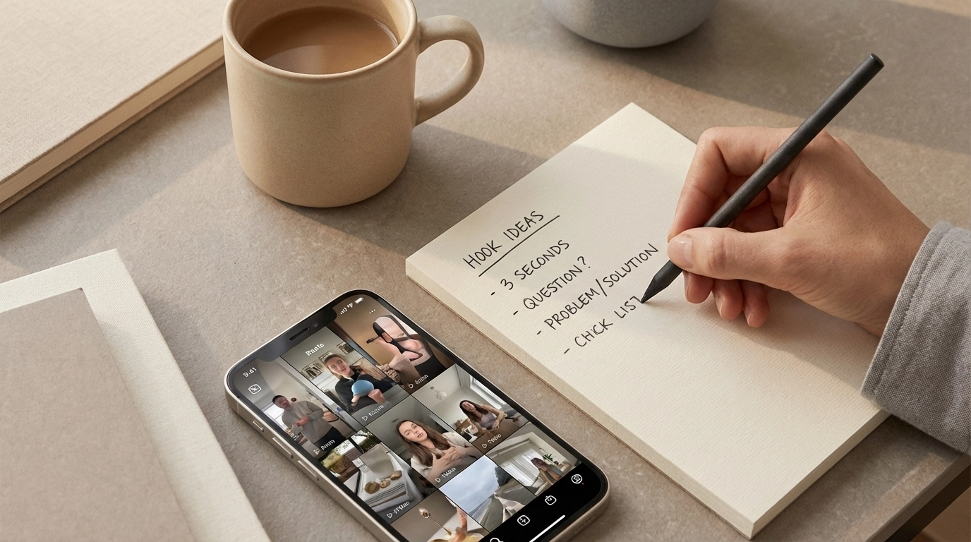 A picture of a table with a cup of coffee, instagram open on a phone and a woman writing a list of hook ideas including; 3 seconds, question, problem/solution