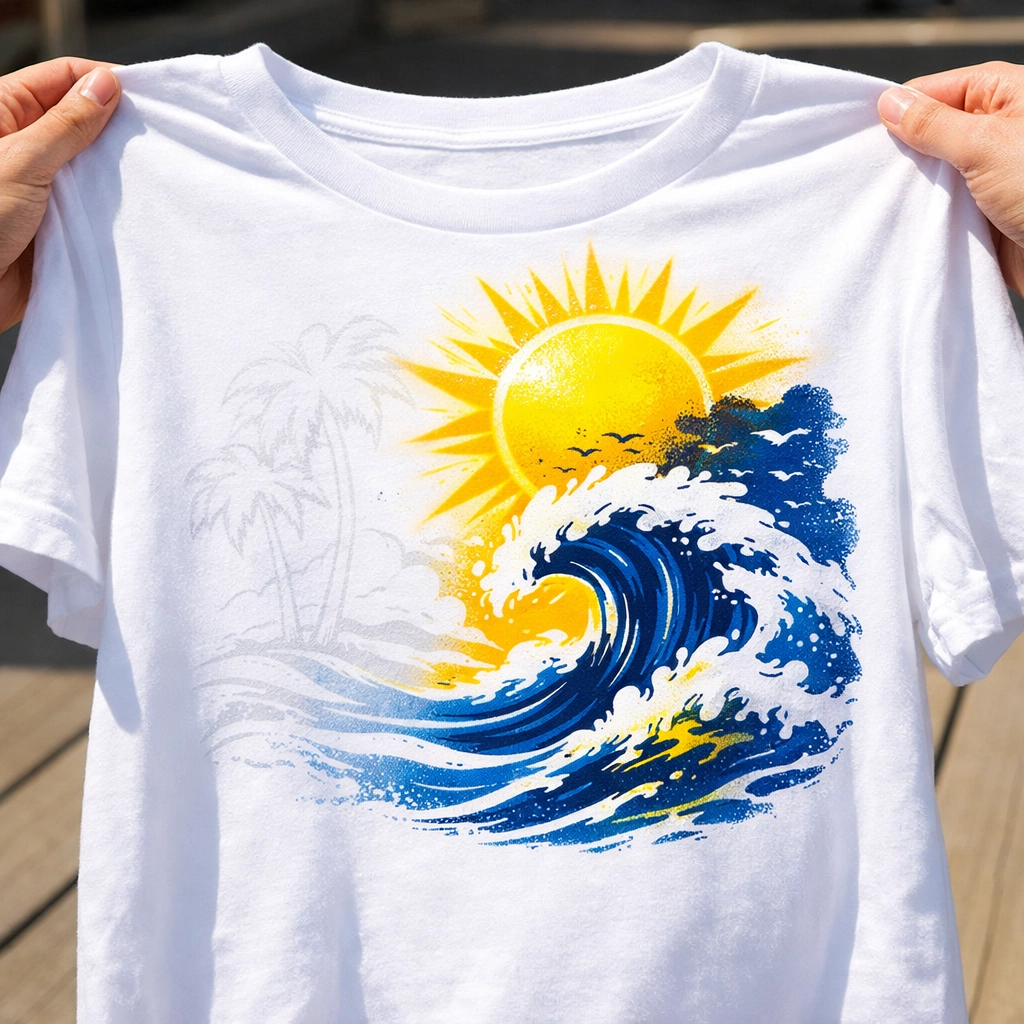 Custom summer camp t-shirt featuring sun-reactive ink that changes colors when exposed to direct sunlight.