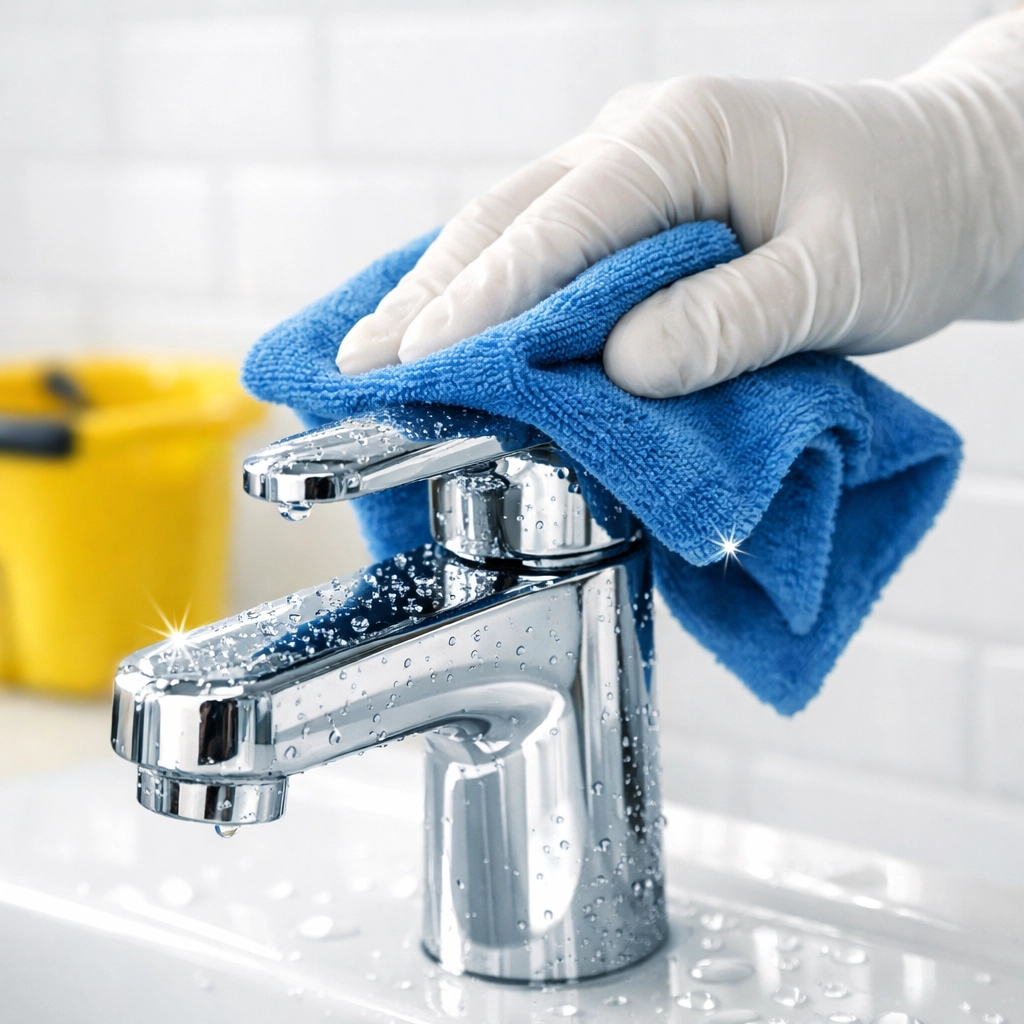 Close-up of a house cleaning Pepperell MA specialist polishing and disinfecting a bathroom sink.