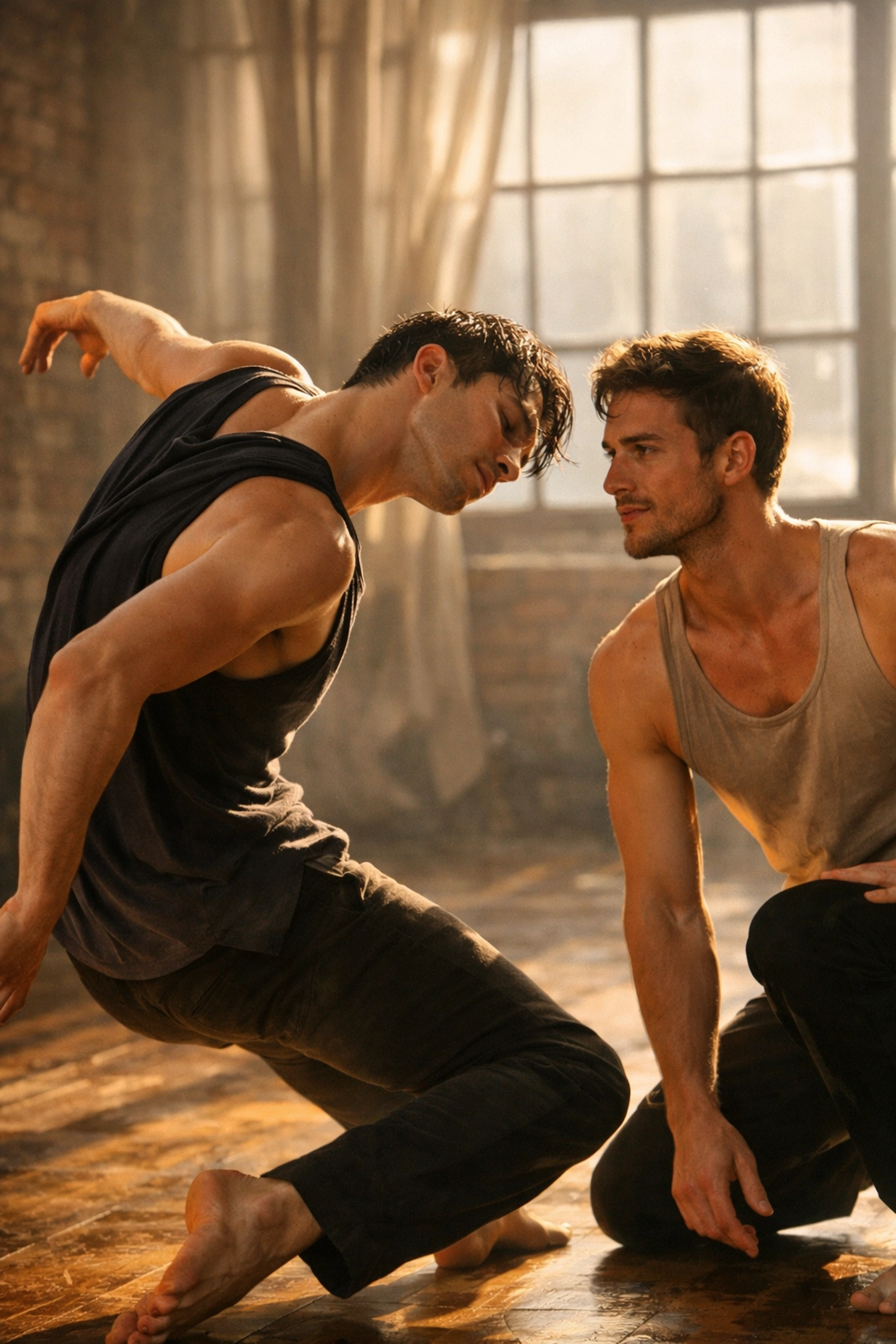 Two men dancing in an S-curve pose, representing the ritualized courtship dance of male guppies.