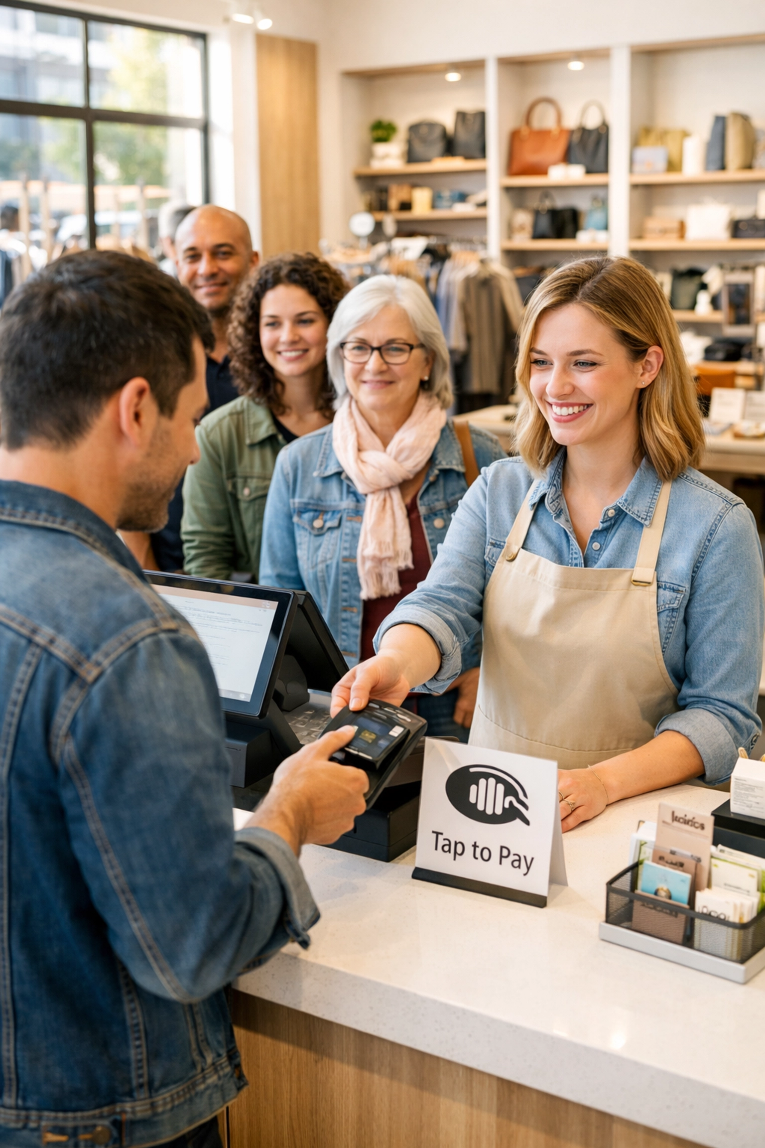 Busy UK retail shop with customers queuing at modern POS terminal during peak hours