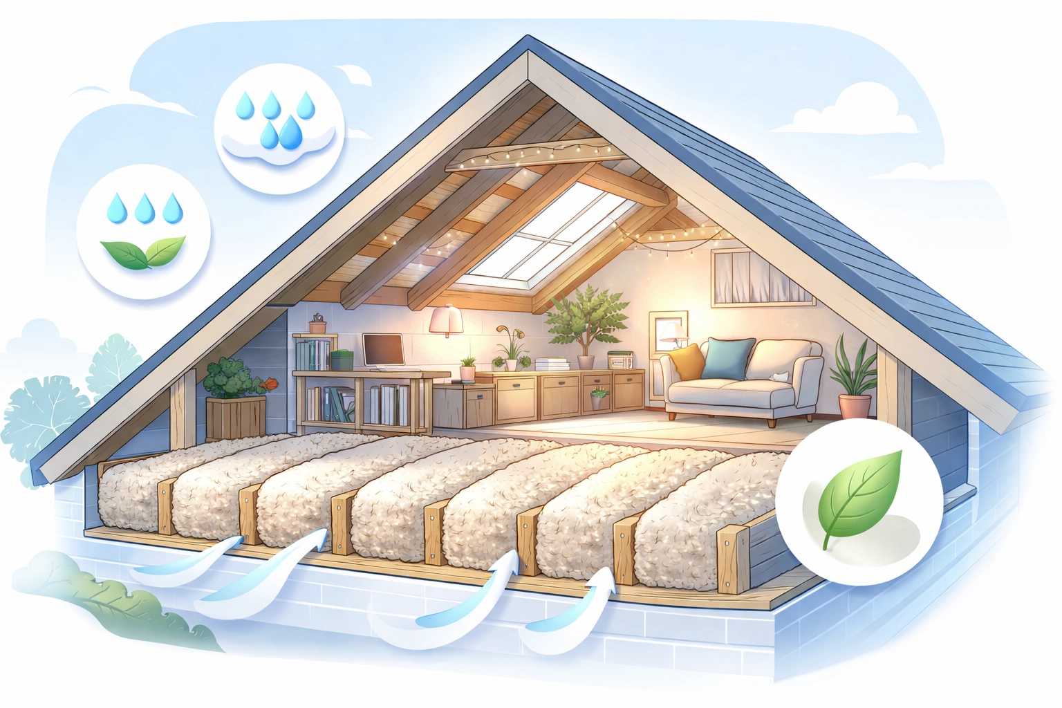 Cross-section of a UK loft with sheep's wool insulation and icons for breathability, moisture control, and sustainability