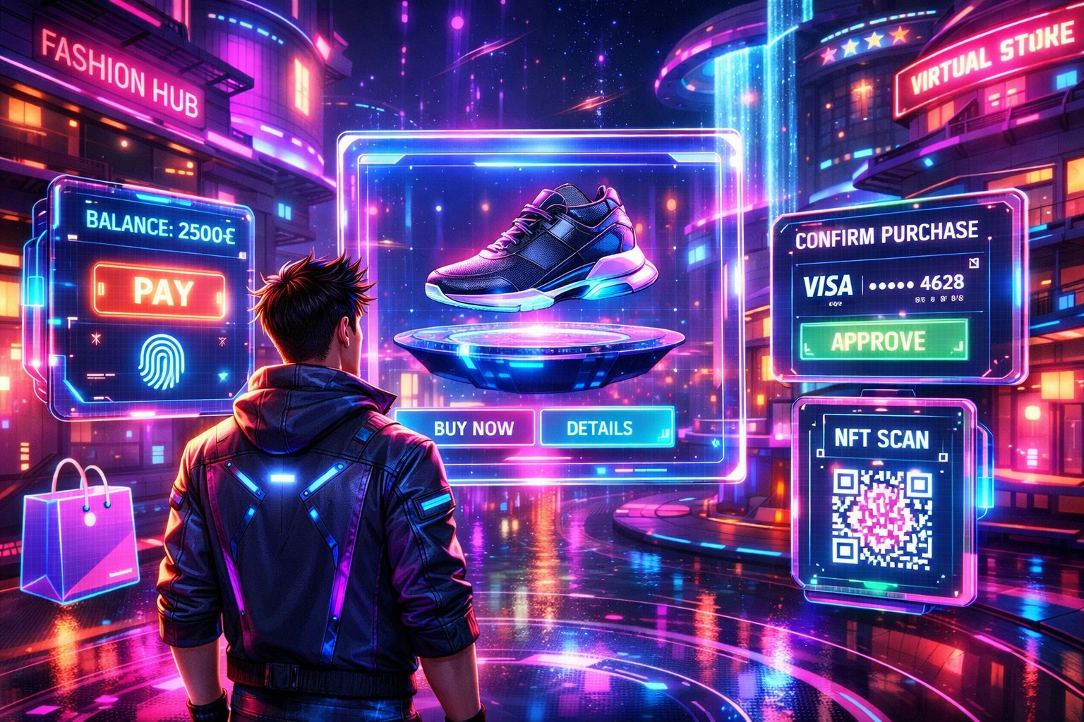 Avatar using AI-driven Web3 payments to shop for digital products in a futuristic metaverse retail district