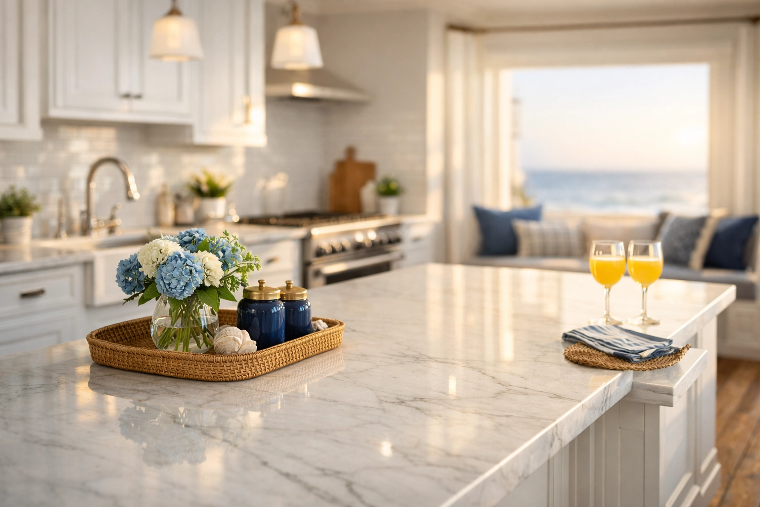 Pristine white marble kitchen island in a coastal home, part of luxury residential cleaning Scituate Lighthouse.