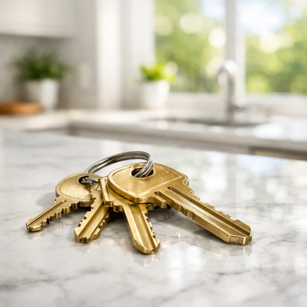 Modern house keys on a marble counter in a bright Denver kitchen, representing new home listings.