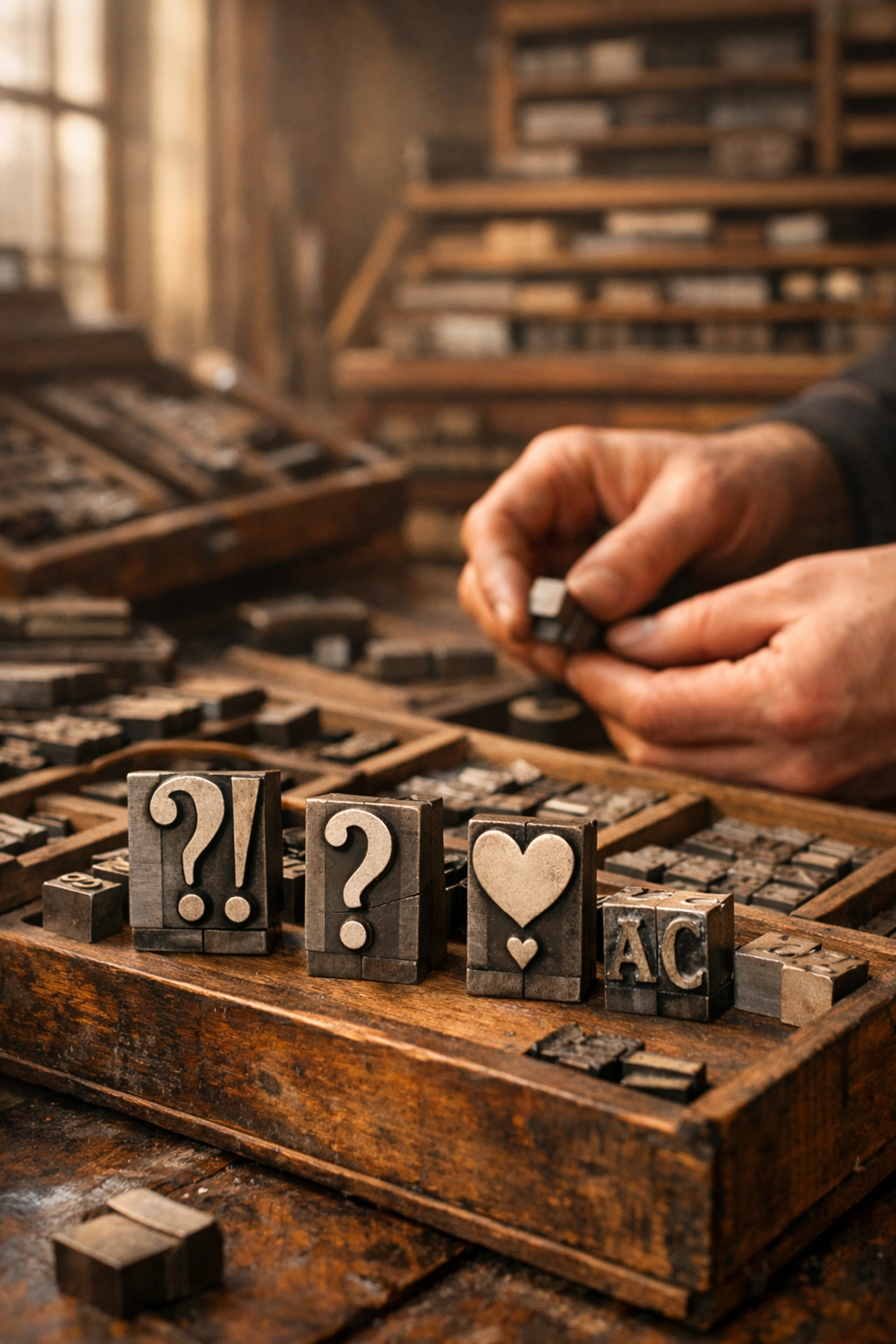 Vintage letterpress type blocks showing rare punctuation marks in typography history