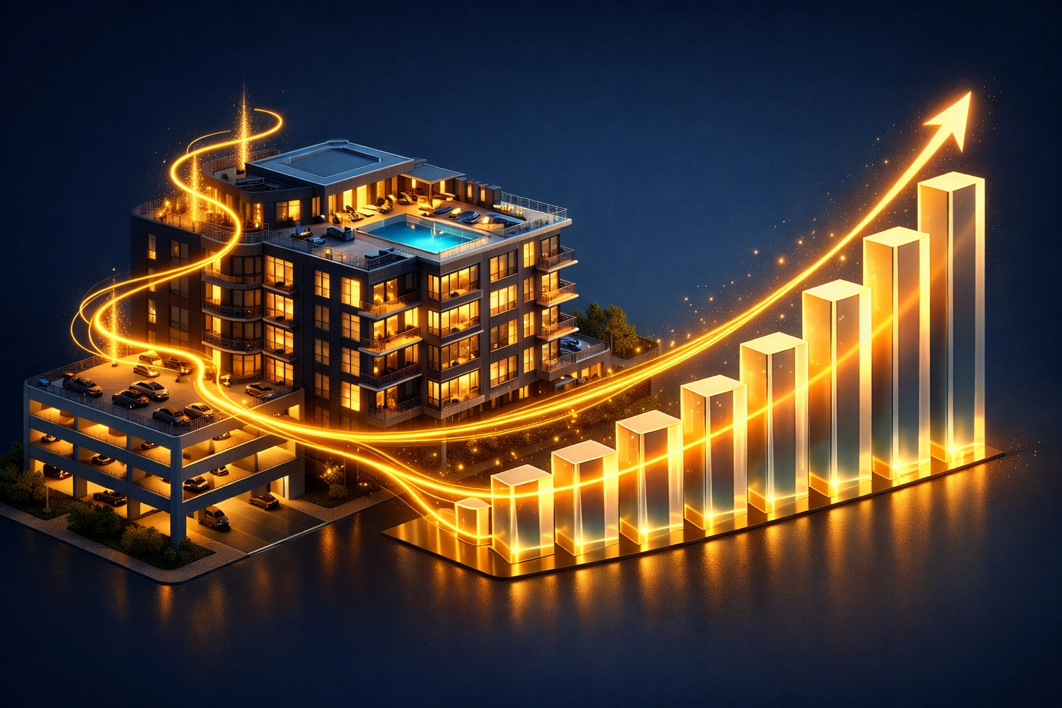 Visual representation of diverse property management revenue streams and growing portfolio profitability.