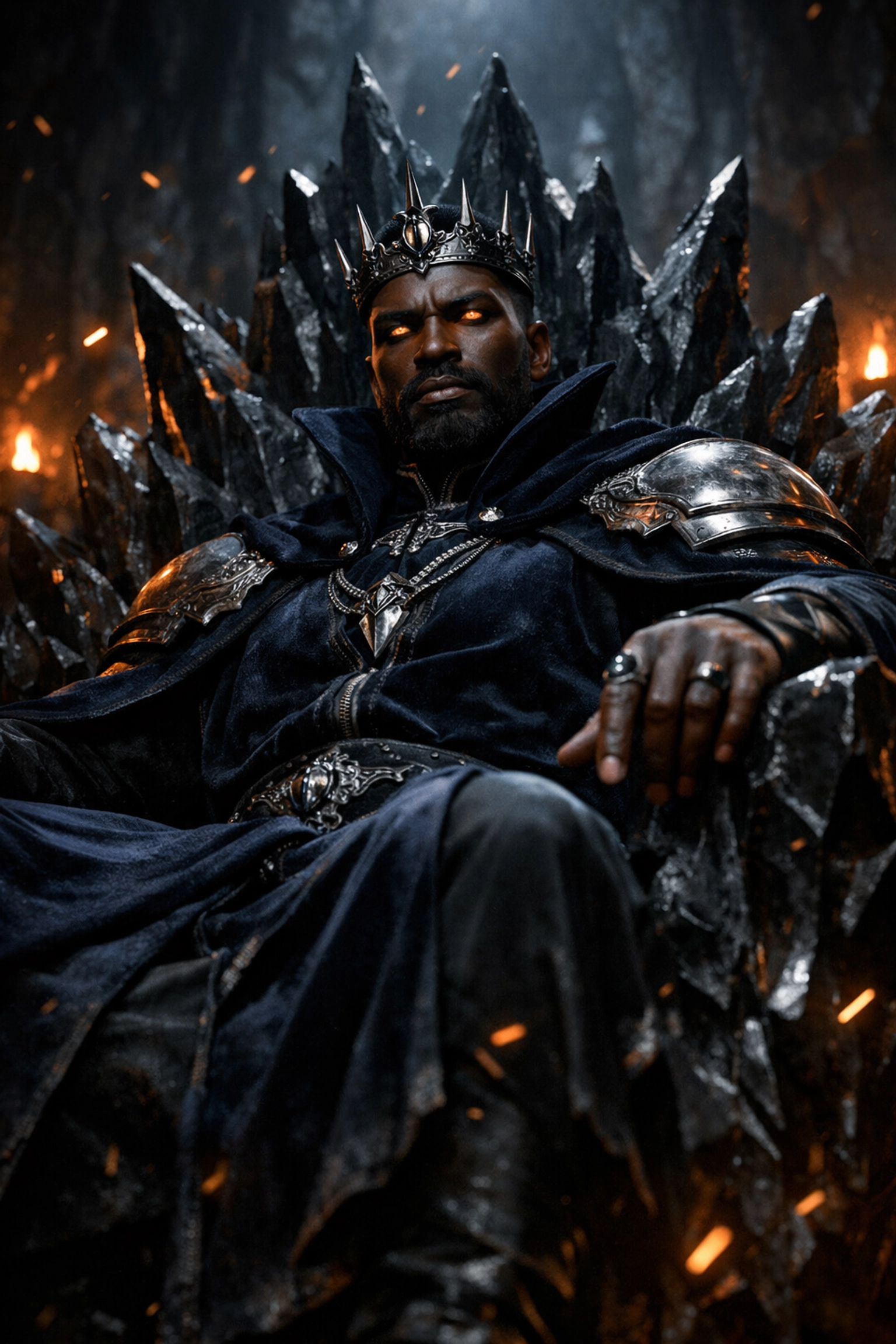 A regal dark-skinned king on an obsidian throne, representing the complex morally gray hero archetype.