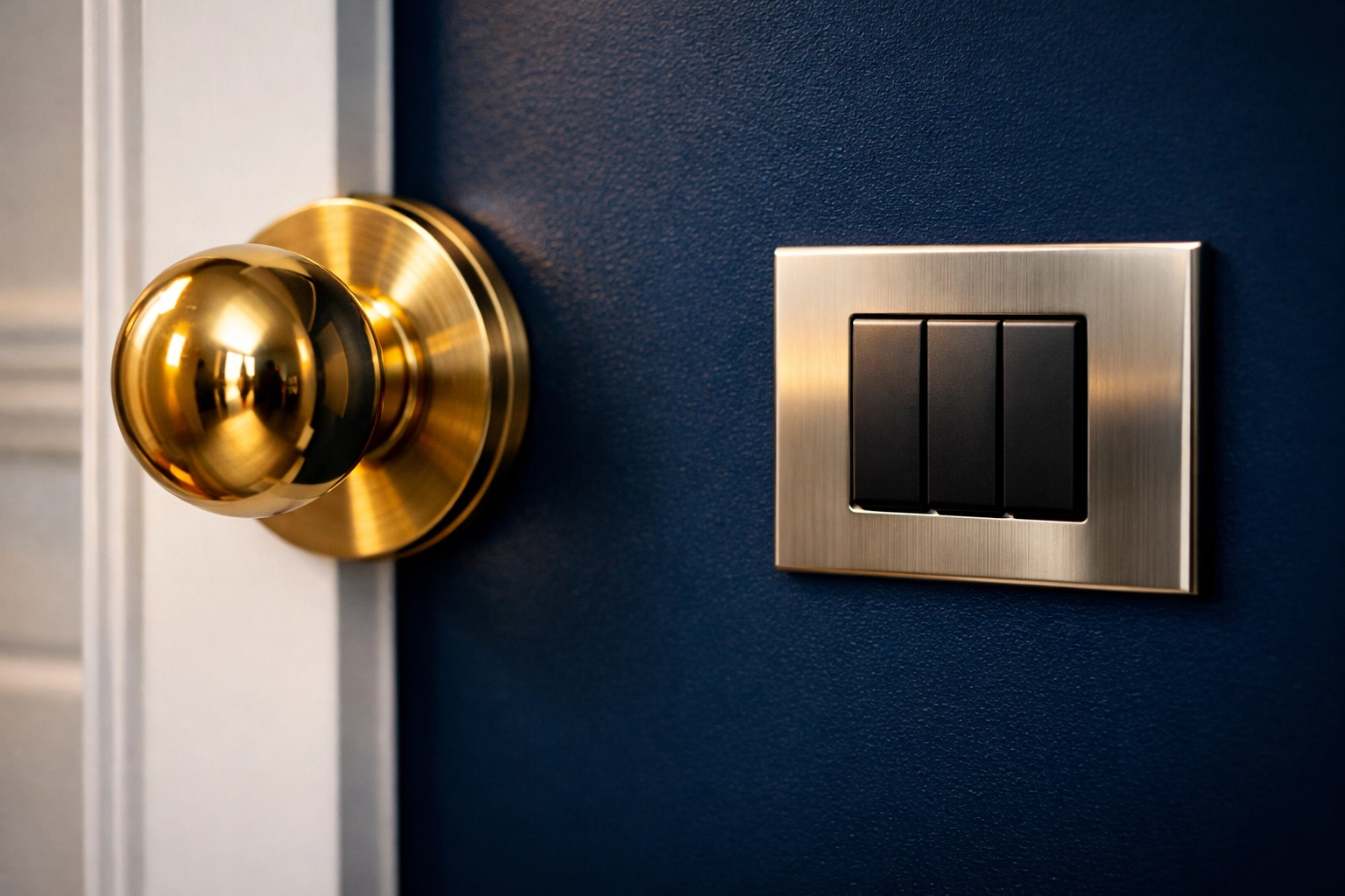Spotless brass doorknob and light switch showcasing detailed move-in cleaning in a Massachusetts home.