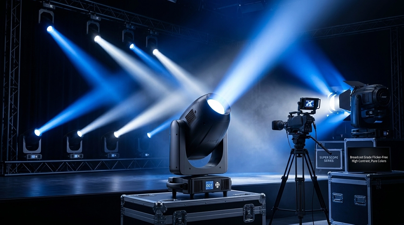 Professional stage lighting setup with high-quality moving heads and clean beams.