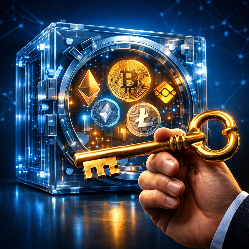 Self-custody merchant wallet with crypto assets and secure key representing financial sovereignty