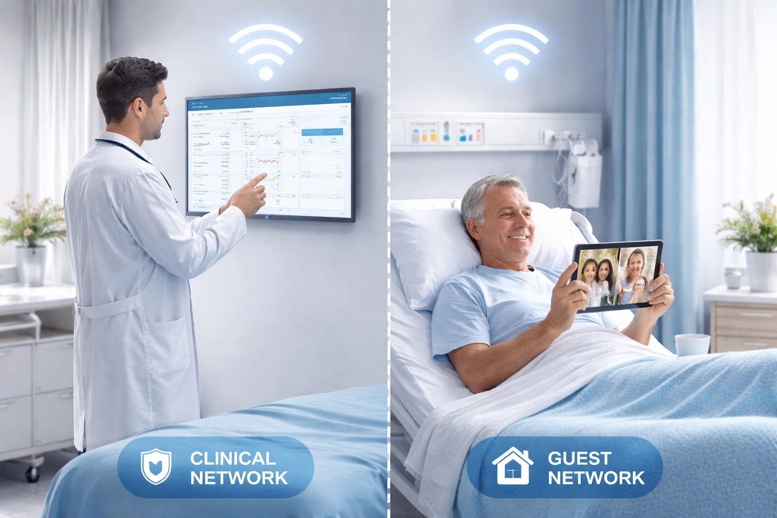 Hospital doctor accessing data and patient video-calling family, showing secure guest and clinical WiFi networks
