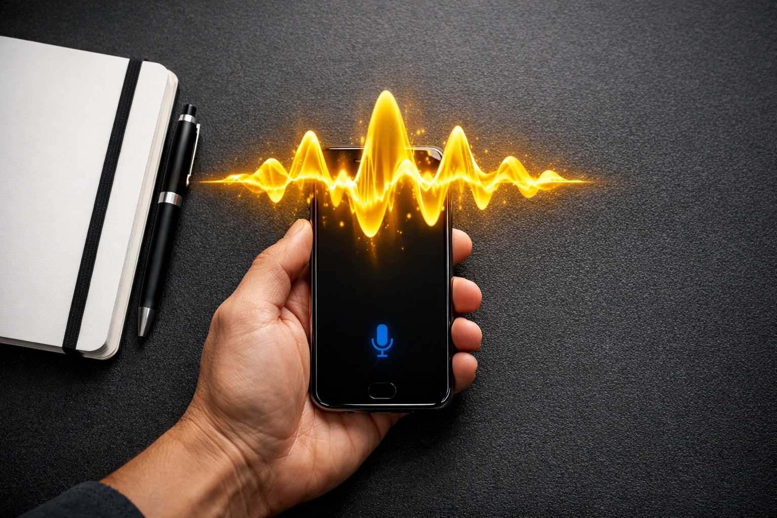 Hand holding a phone with a yellow soundwave to show the power of human voice notes in sales.