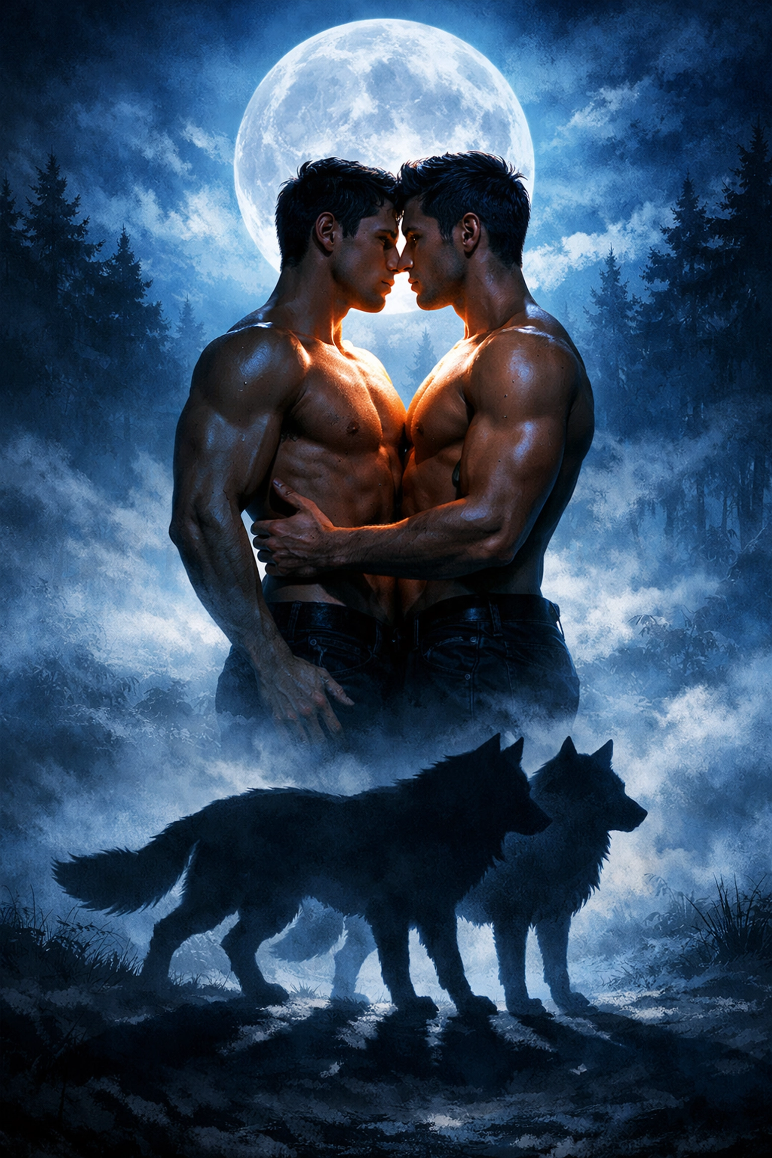 Two athletic men standing together under the moon with majestic wolf shadows cast on the ground.