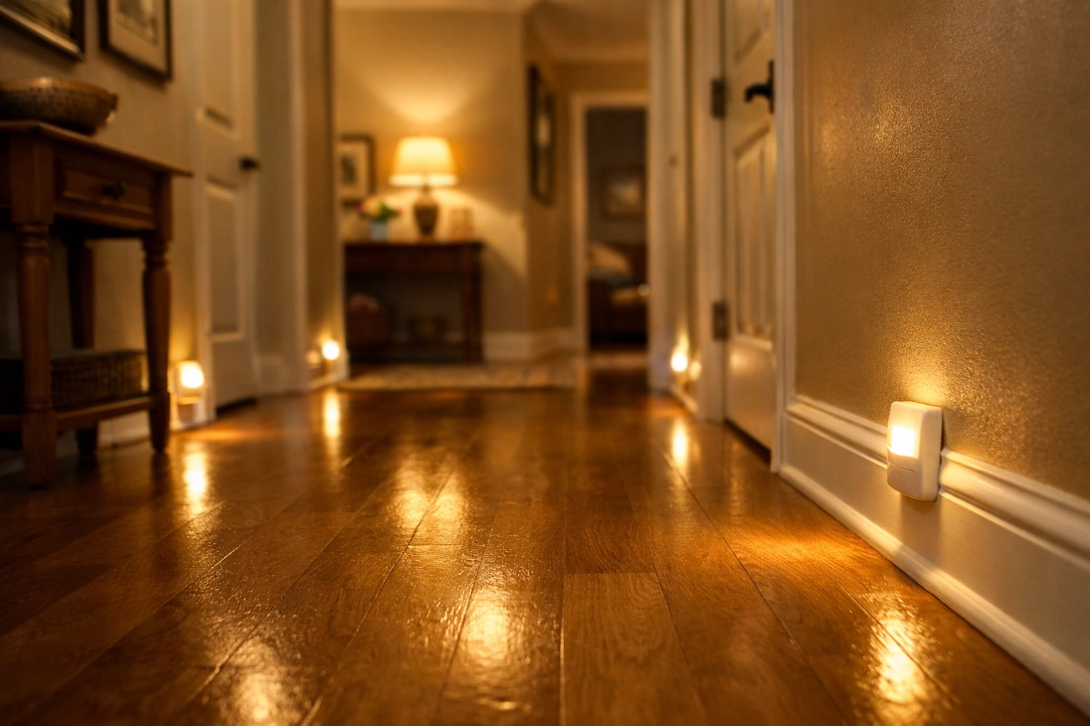 Plug-in motion-sensor nightlights providing clear pathway lighting in a hallway to prevent trips.