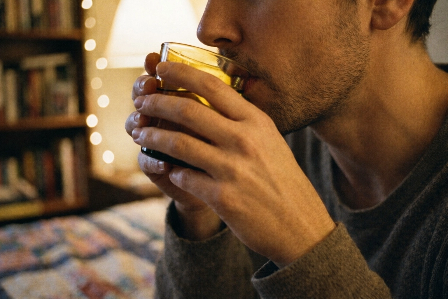 A close, intimate moment of someone sipping a yellow liquid from a small glass, documentary-style and tender.