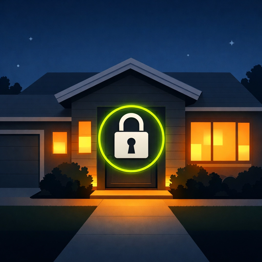 Secure Bristol home with a padlock icon illustrating reliable locksmith services and workmanship guarantees.