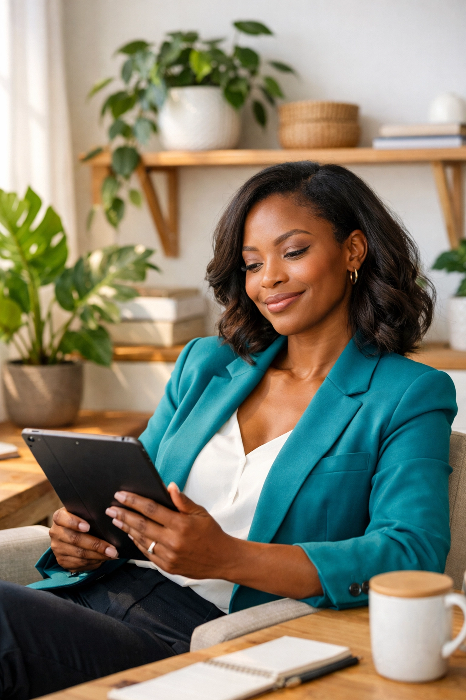 A confident Black woman business owner in a home office reflecting on her purpose-driven business success.