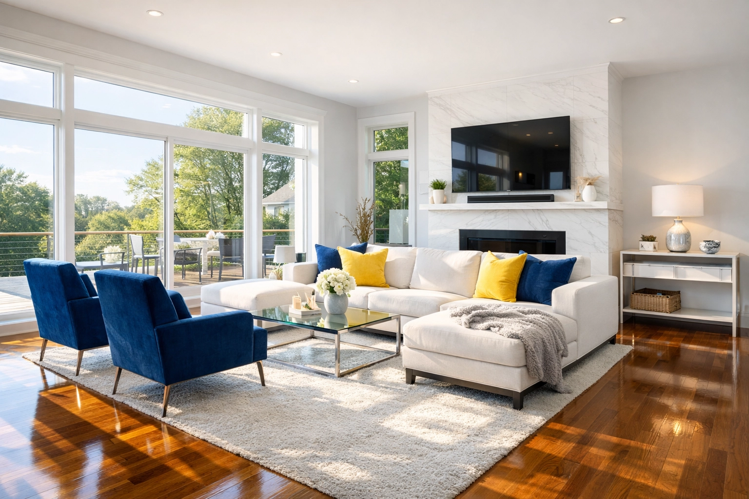 A clean and serene modern living room in Holliston illustrating stress-free weekly house cleaning results.