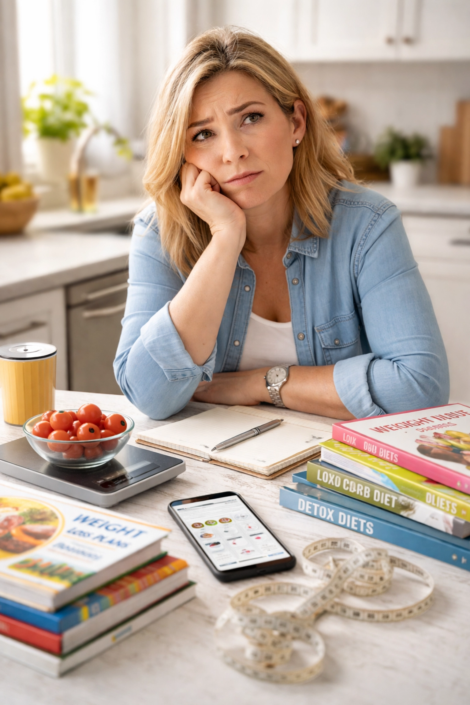 Middle-aged woman frustrated with failed diet plans at kitchen table, illustrating common weight loss challenges in Coral Gables.