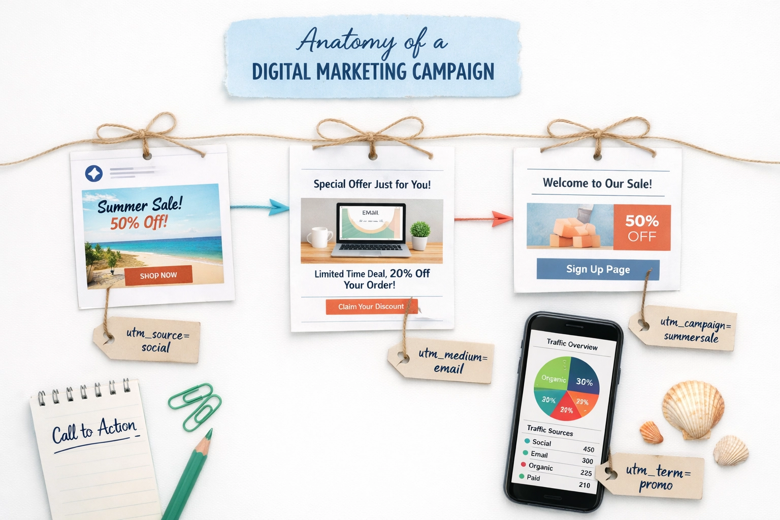 Digital marketing campaign tracking workflow with UTM parameters and analytics dashboard