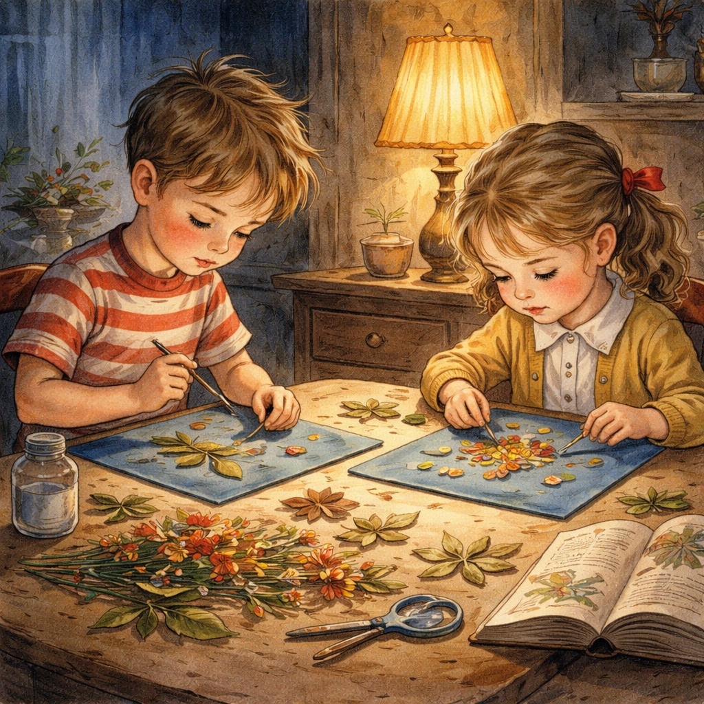 Children arranging pressed leaves and flowers on blue sun print paper at a cozy kitchen table for a creative nature art project