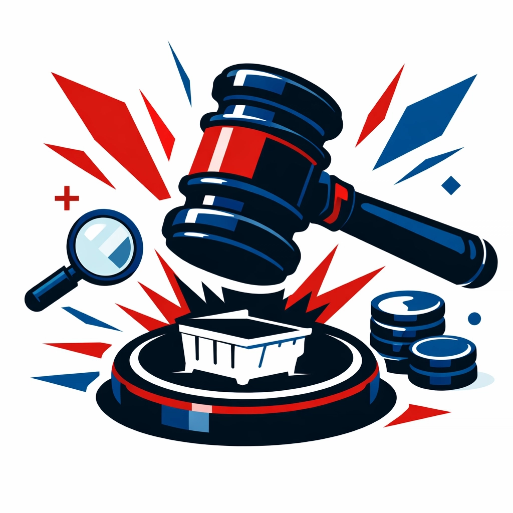 Legal gavel and skip icon symbolizing a Traffic Commissioner investigation into skip hire operator licence compliance.