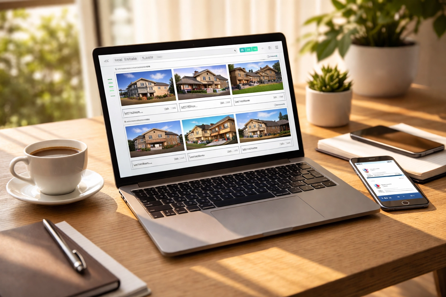 Modern home office with laptop displaying real estate listings, illustrating AI-driven home search tools for Lawrenceville buyers