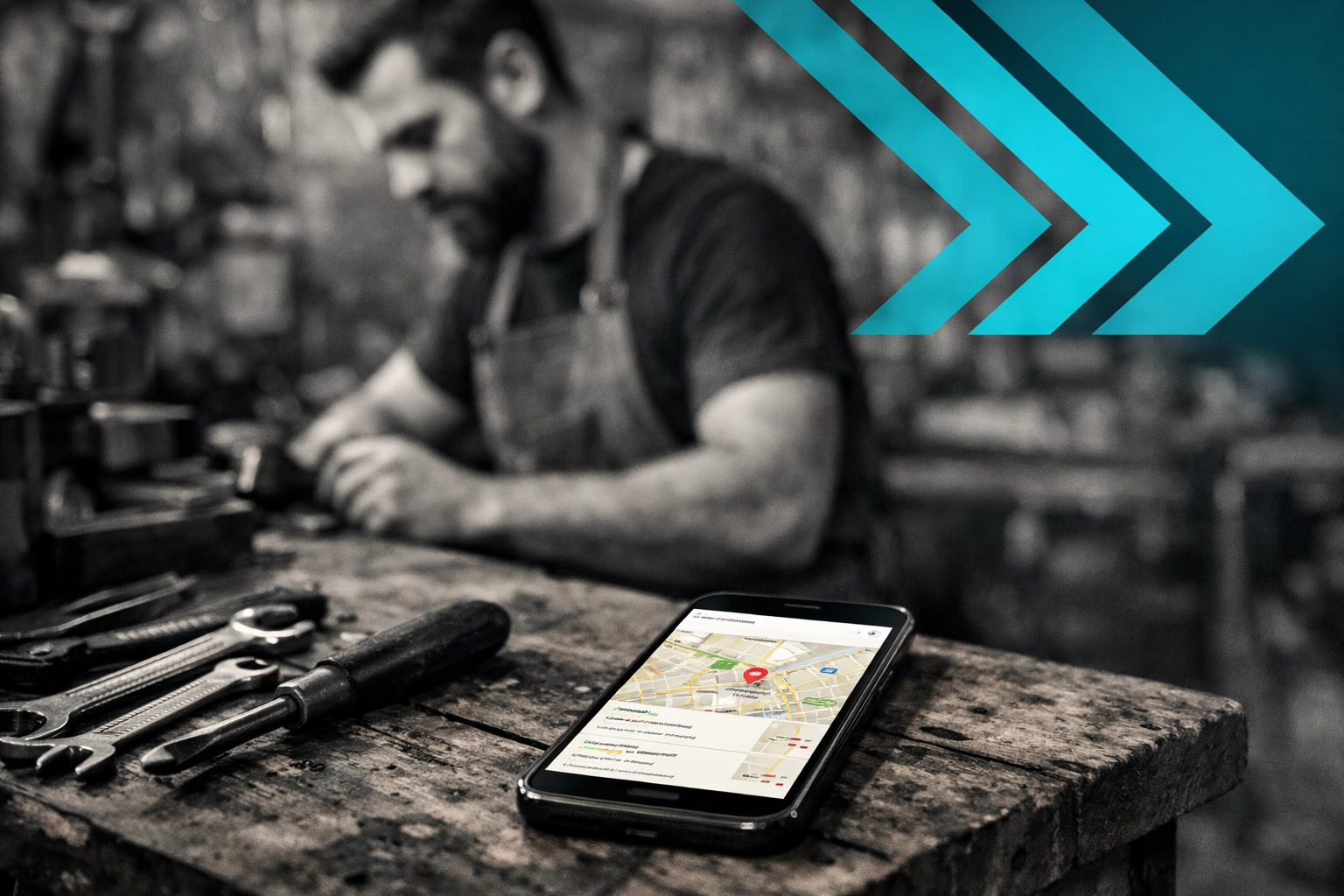 Smartphone on a workbench displaying local search results for contractors on Google.