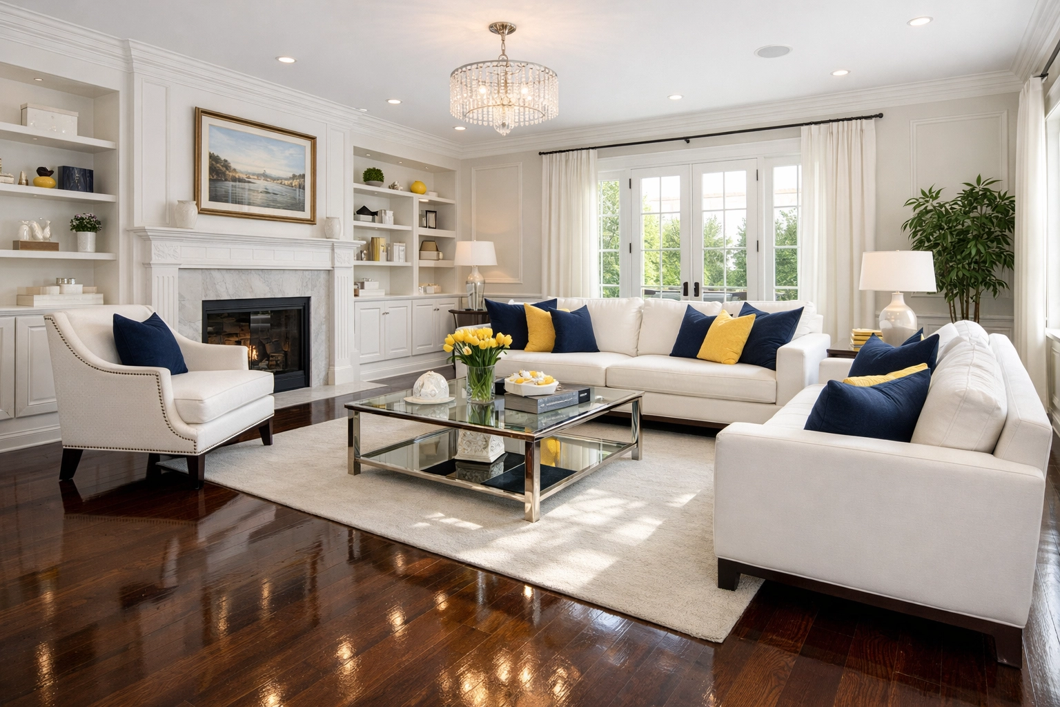 Pristine Brookline living room with polished hardwood floors after professional bi weekly house cleaning.
