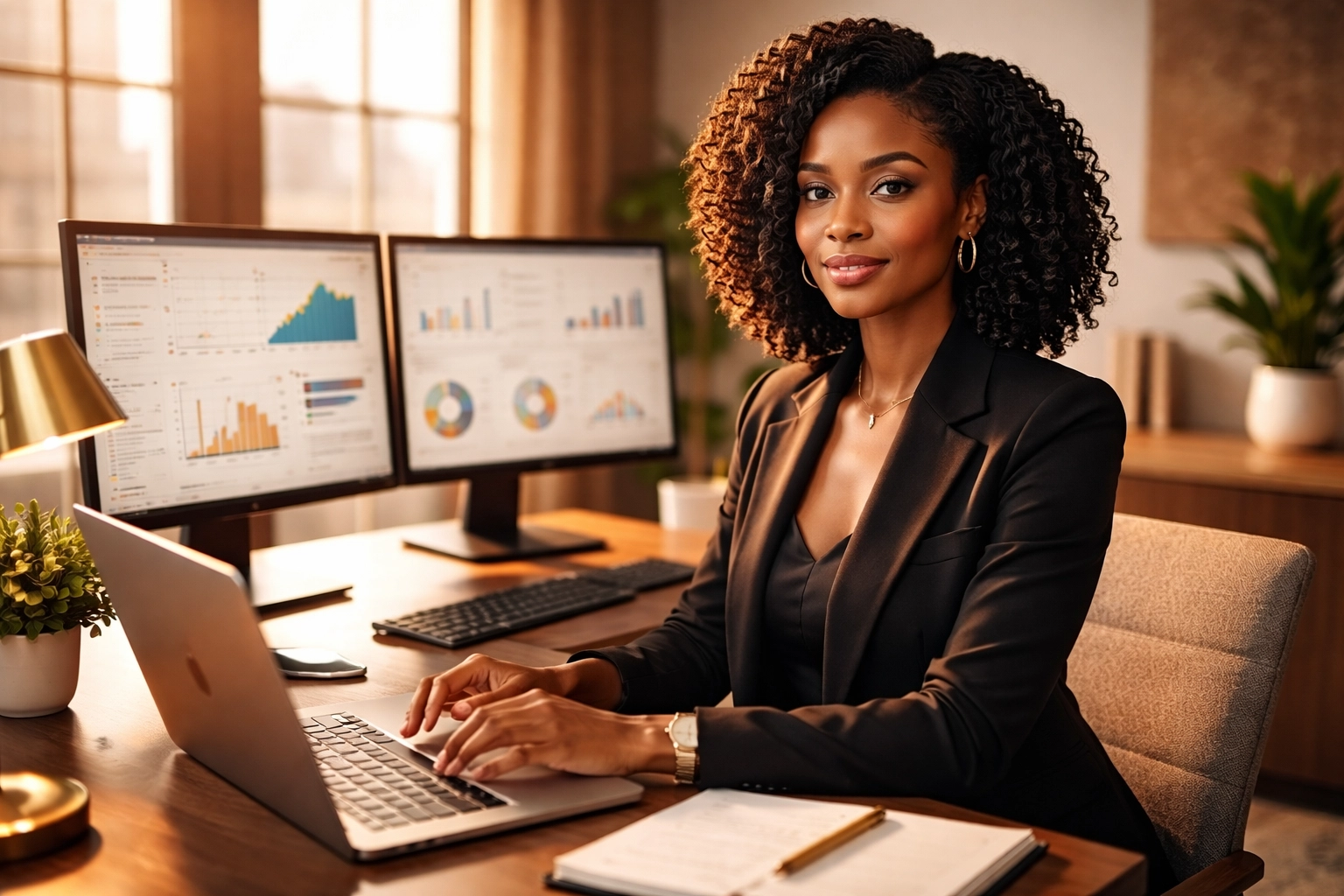 Confident Black woman entrepreneur analyzing business data at her modern workspace, celebrating Black business success.