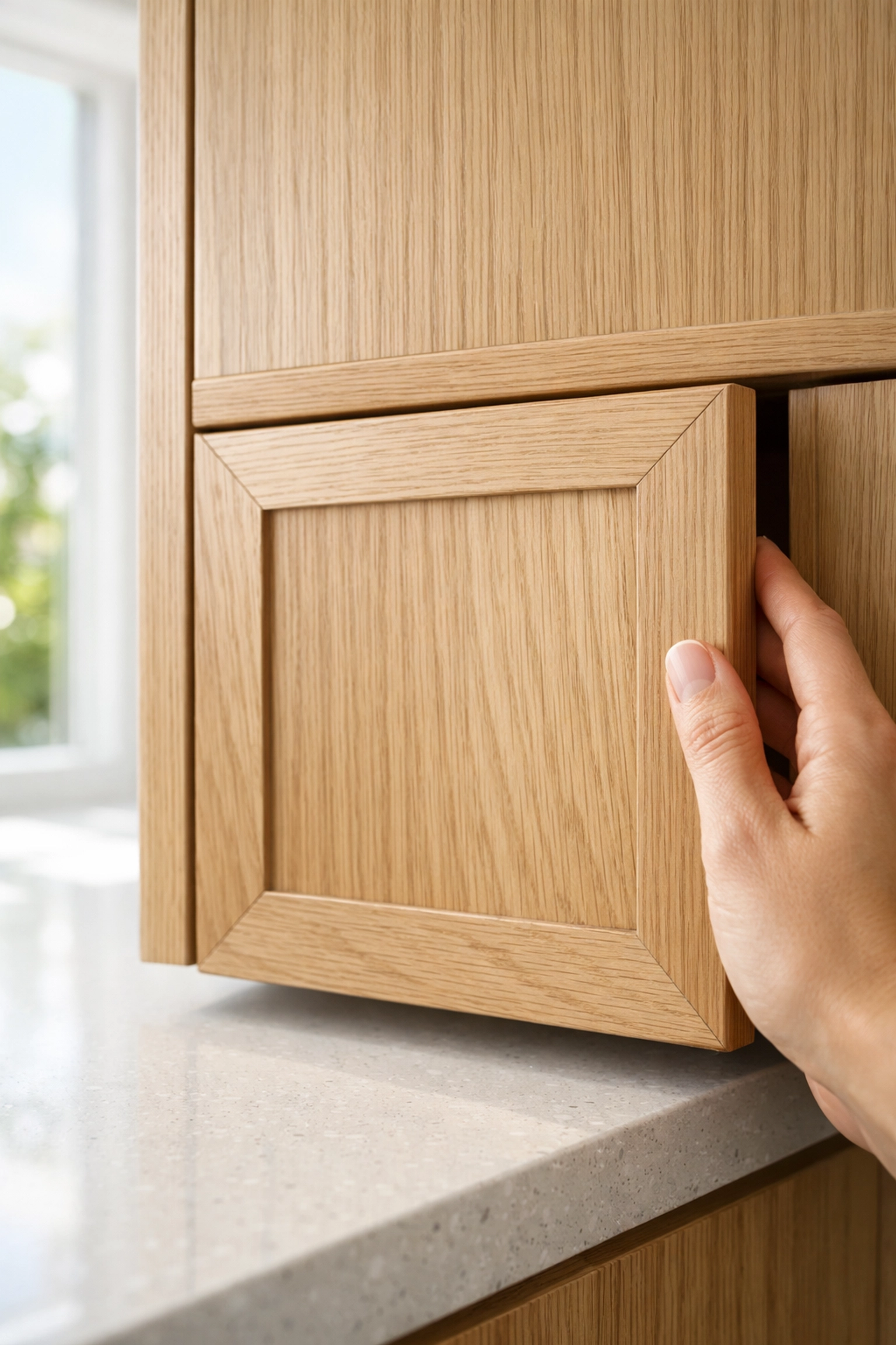 High-quality custom white oak cabinetry and quartz countertops in a modern Okeechobee home.