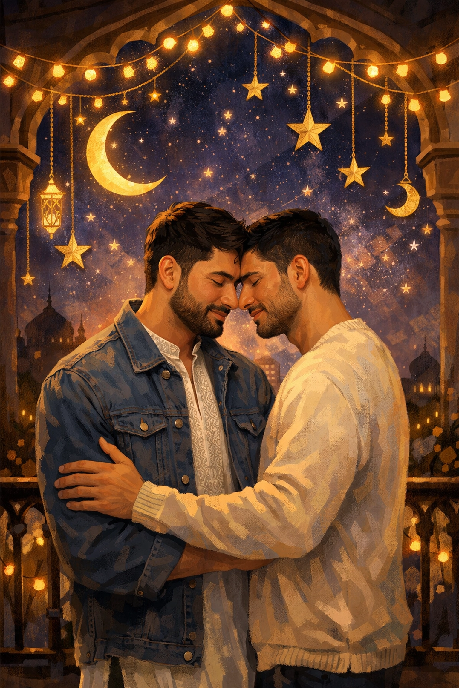 A romantic gay Muslim couple embracing on a balcony under a starry Ramadan night sky.
