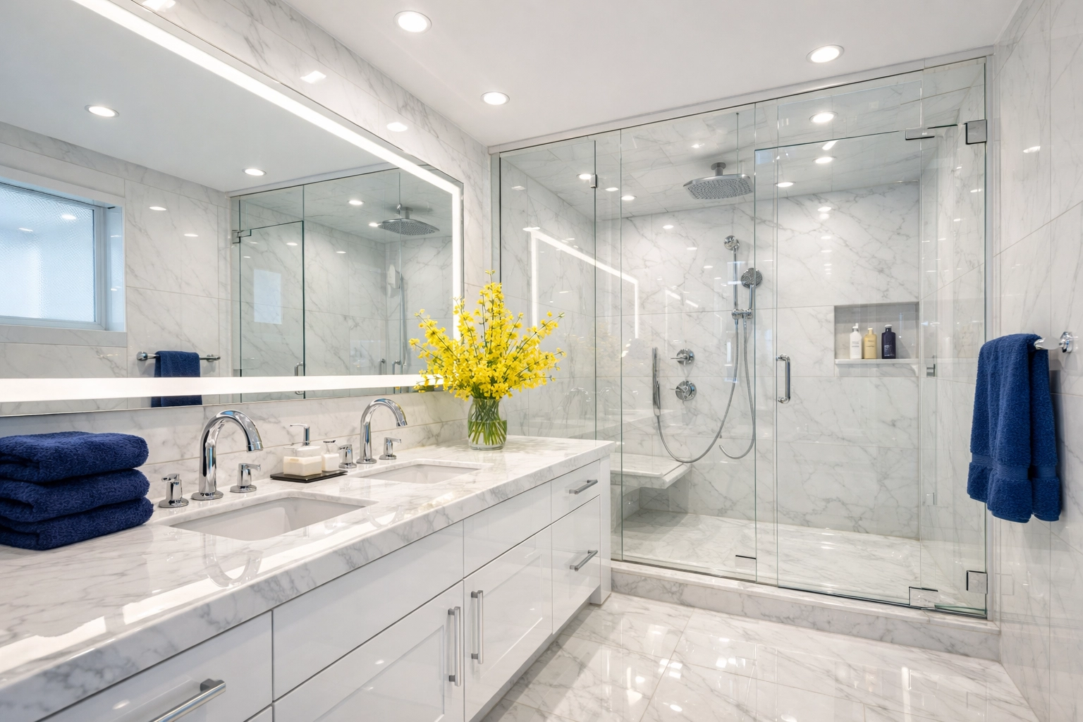 Spotless luxury bathroom with marble counters and reflective fixtures after a deep cleaning in Stow MA.