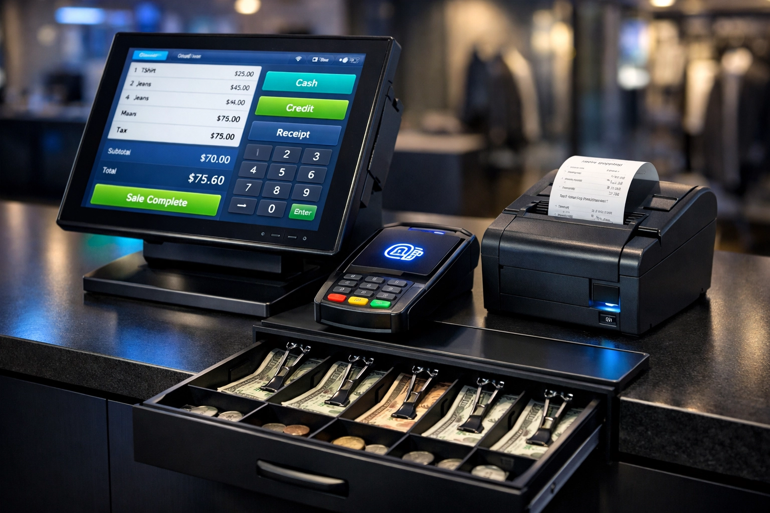 Modern POS terminal with touchscreen, card reader, and receipt printer in retail environment