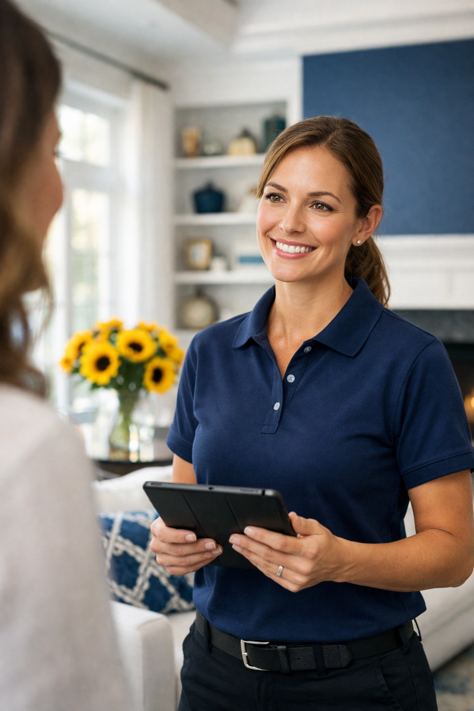Professional cleaner discussing a custom plan for local cleaning services near me in a Massachusetts home.