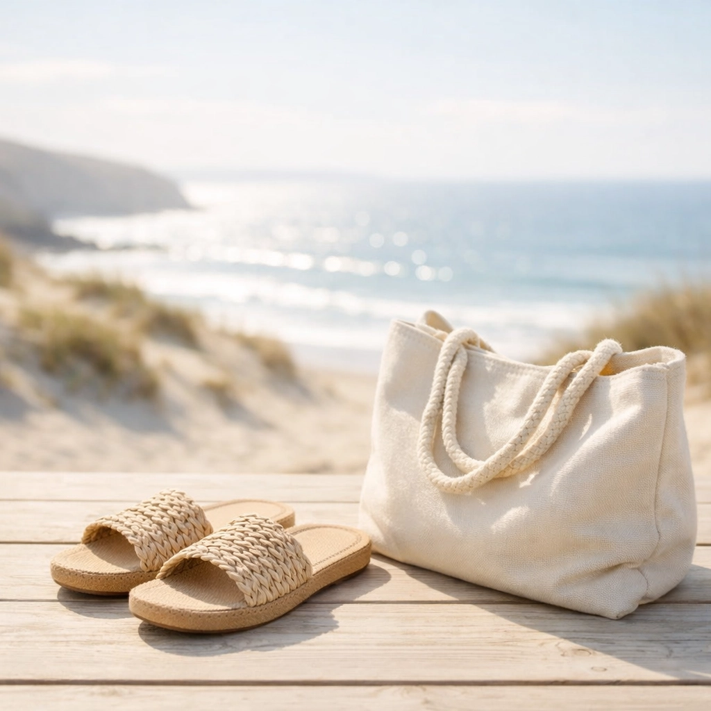 Beach bag and sandals on a sunny balcony overlooking Porthtowan beach and the Atlantic Ocean.