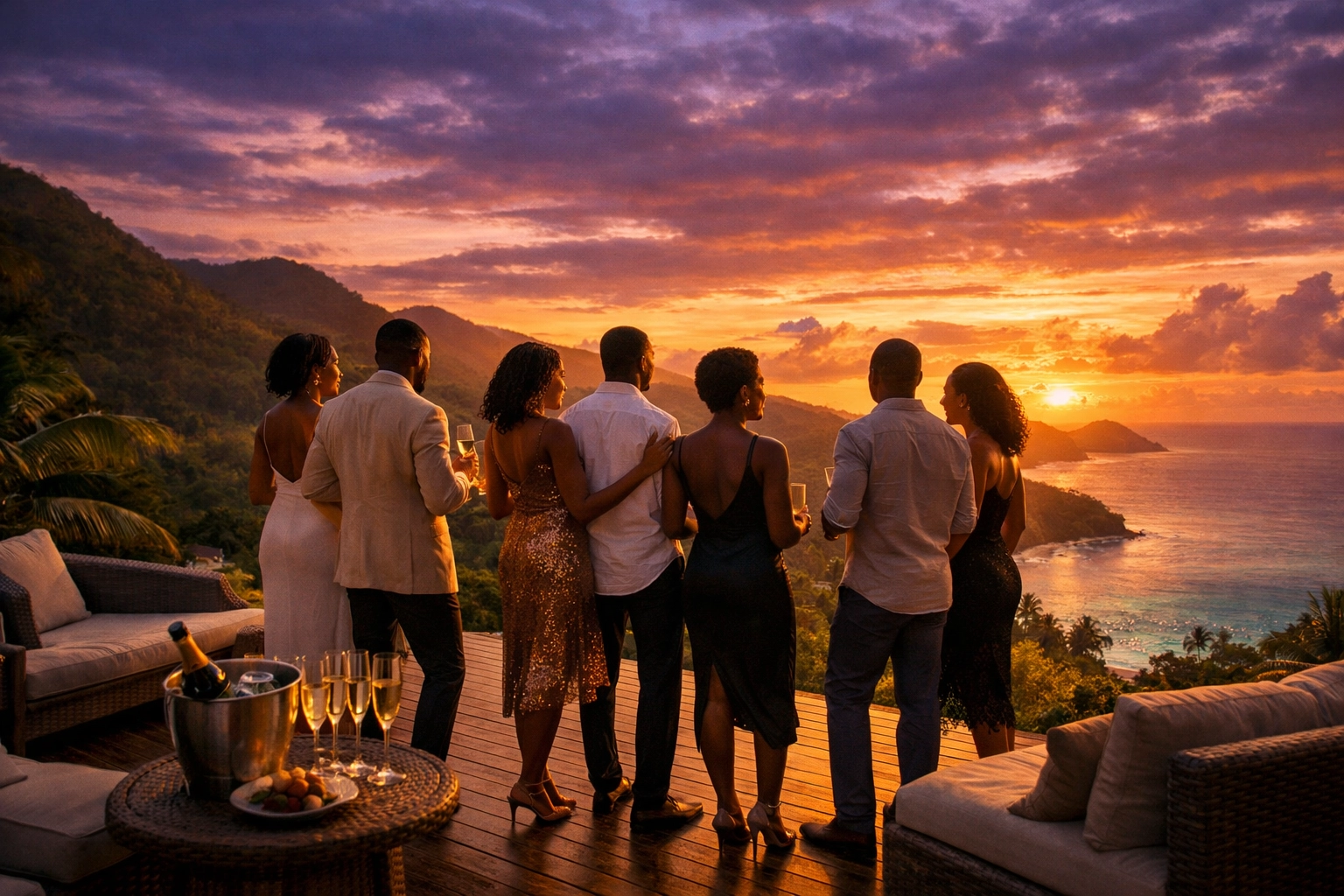 Friends enjoying luxury experiential travel on a tropical villa deck overlooking the ocean at sunset.