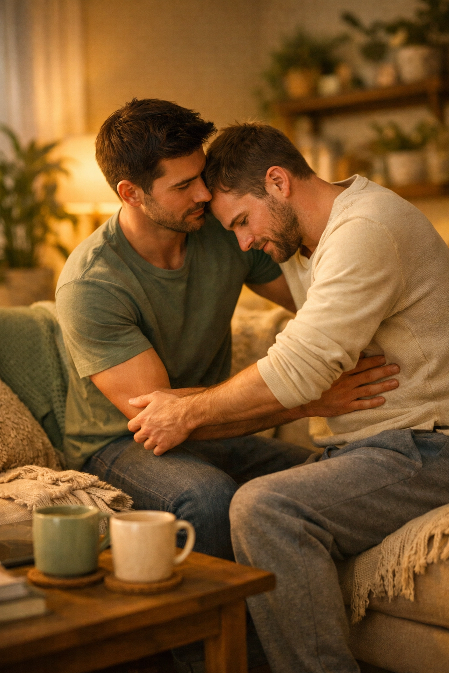 MM romance caregiving moment: man helps partner stand during home recovery, gay love story