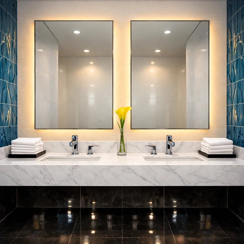 Spotless luxury restaurant restroom in Leominster showing high-quality commercial cleaning and sanitation results.