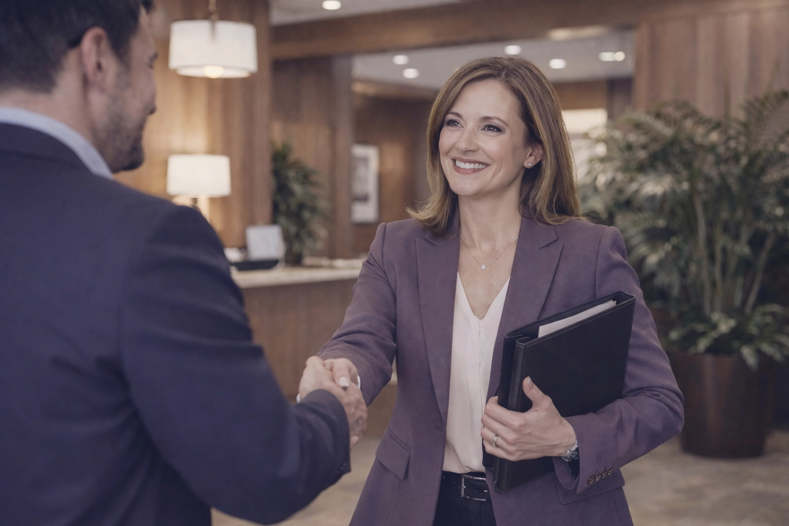 Attorney greeting a client in a modern law firm lobby, highlighting improved client relationships through automation.