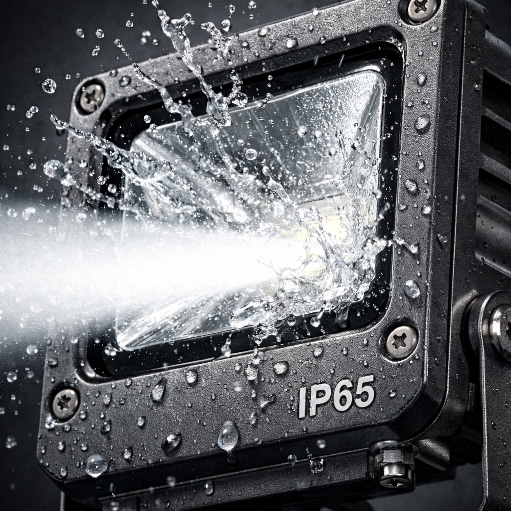 Αδιάβροχος προβολέας LED εξωτερικού χώρου ip65 σε λειτουργία κάτω από βροχή.