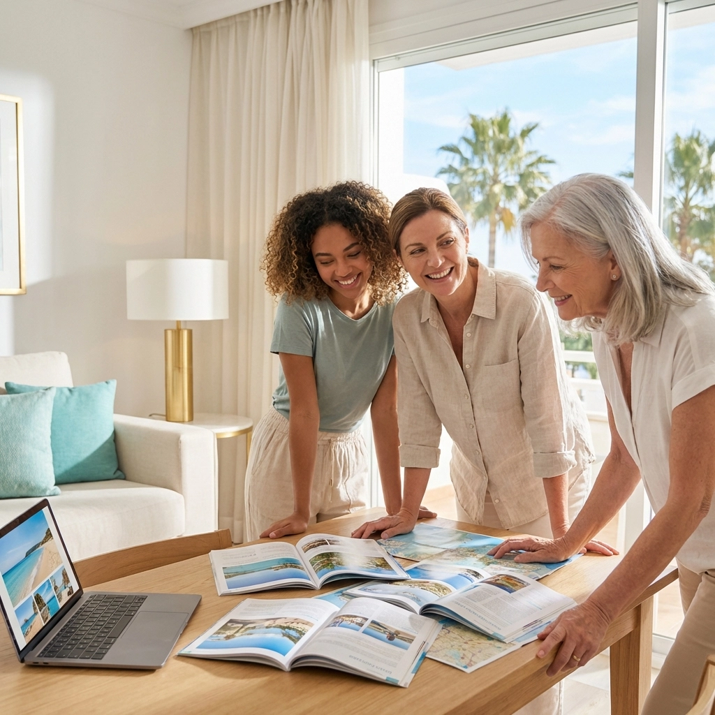 Diverse women collaborating at a sunlit workspace, representing teamwork and support in a travel advisor community.