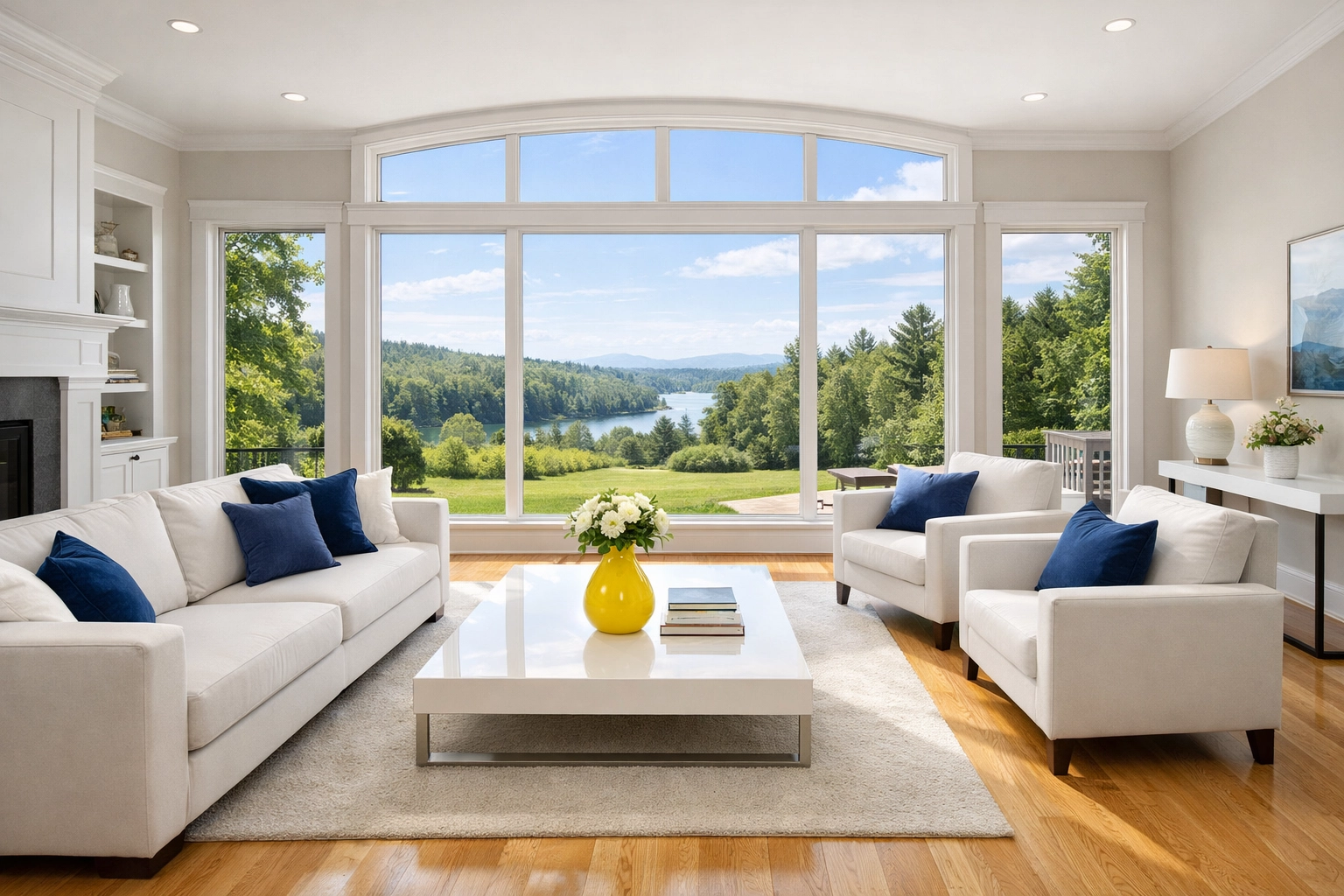 Spotless Westford living room with polished hardwood floors cleaned by professional cleaners in Westford.