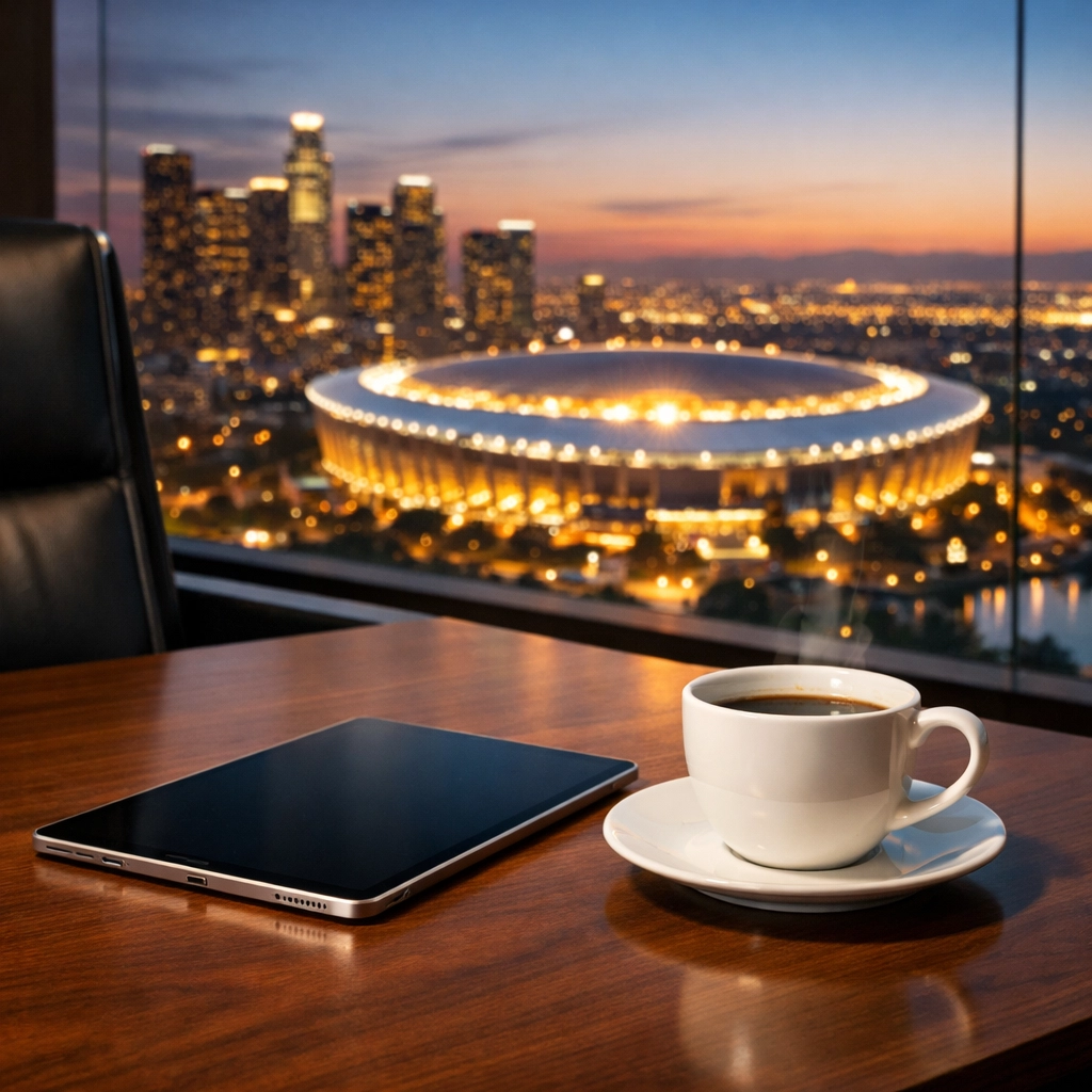 A professional workspace overlooking an illuminated sports stadium at dusk for strategic planning.