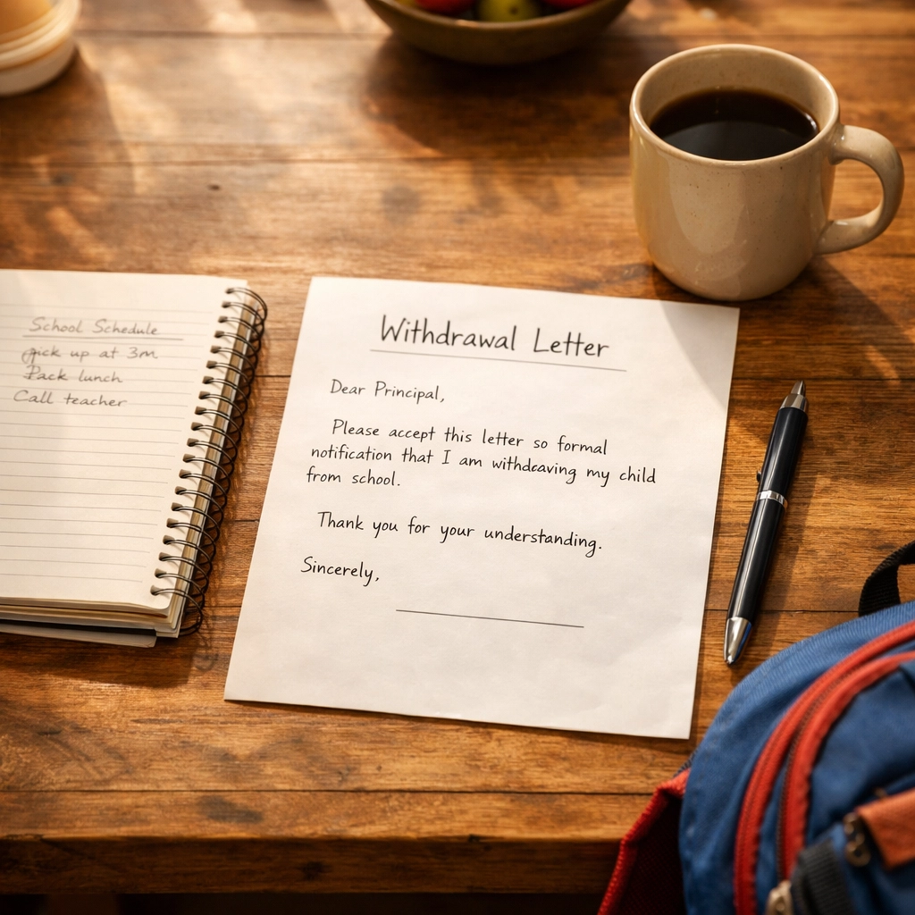 Texas homeschool withdrawal letter and notebook on kitchen table with coffee mug